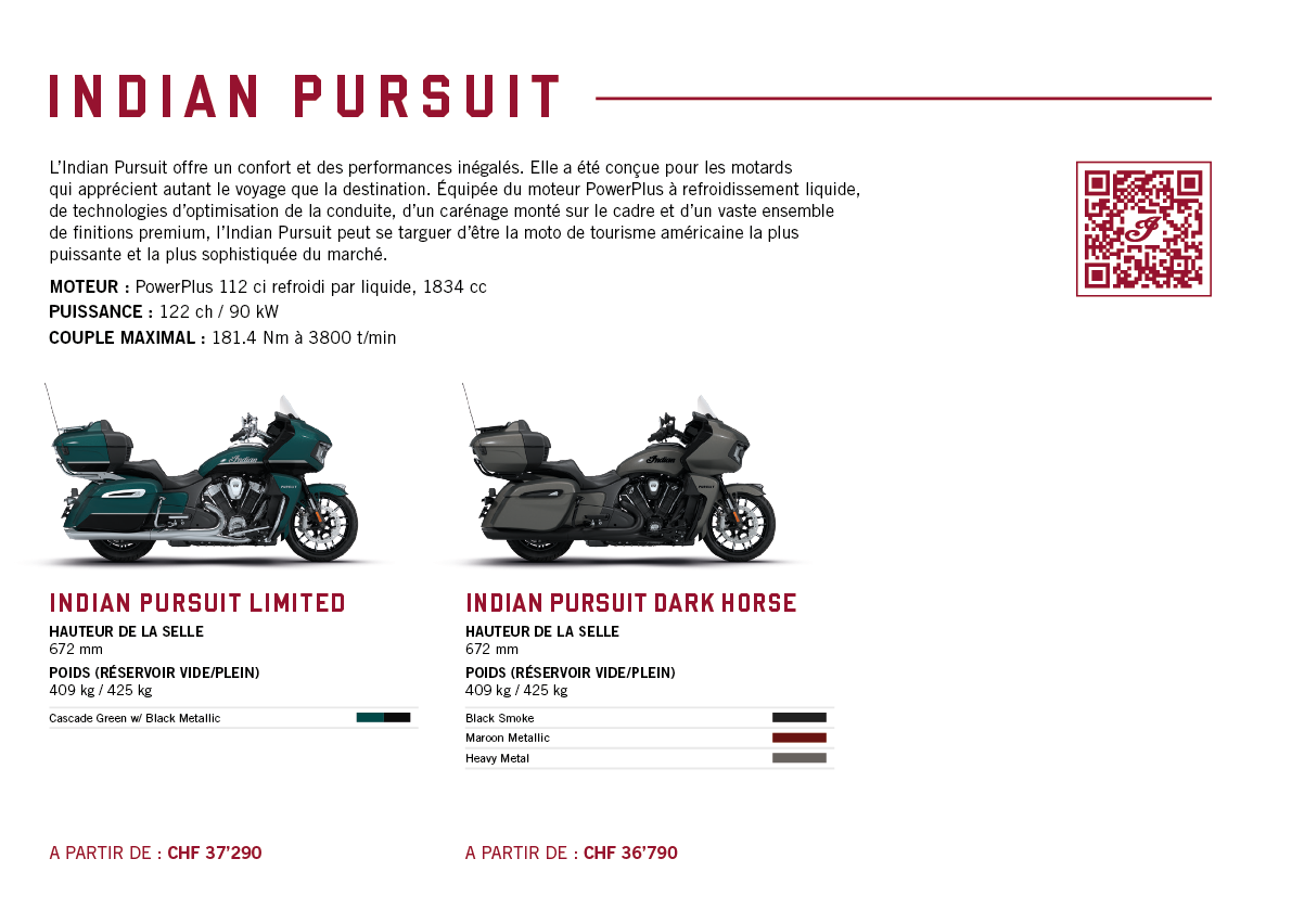 Two motorcycles are shown in a brochure, one is green and the other is black. The brochure is titled Indian Pursuit. AI generated content